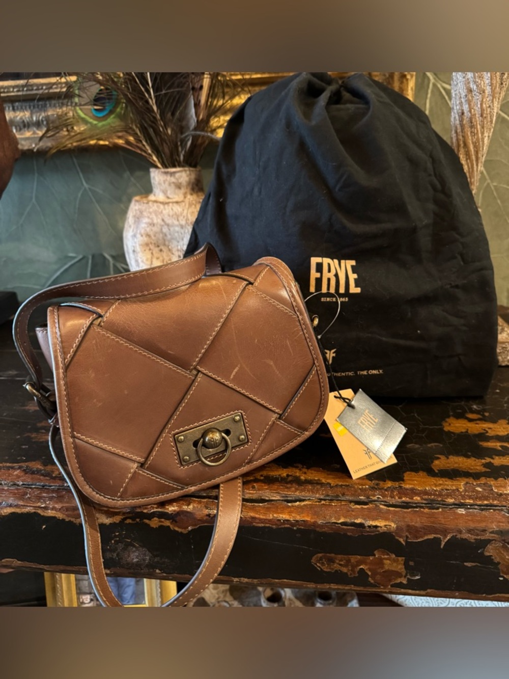 FRYE NWT Quilted Brown Leather Crossbody with Brass Turn-Lock